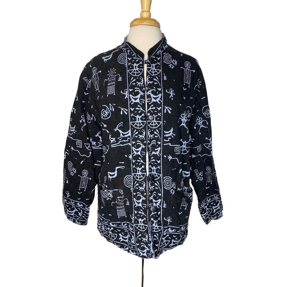 PRIMITIVE ARTS Reversible Art-To-Wear Tribal Print Jacket Size Large Black Blue